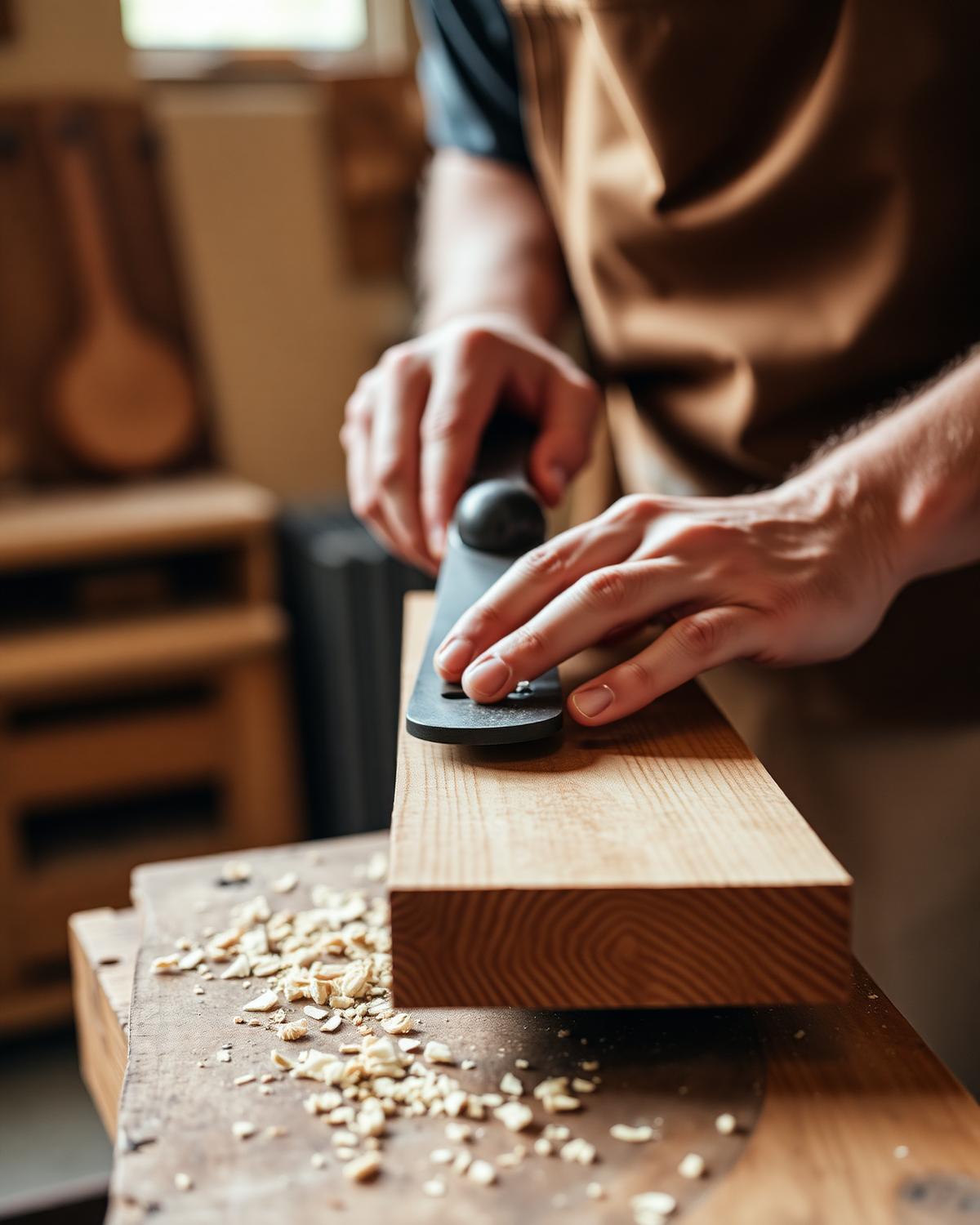 A craftsman hand-planing kiln-dried redwood in the Azure workshop