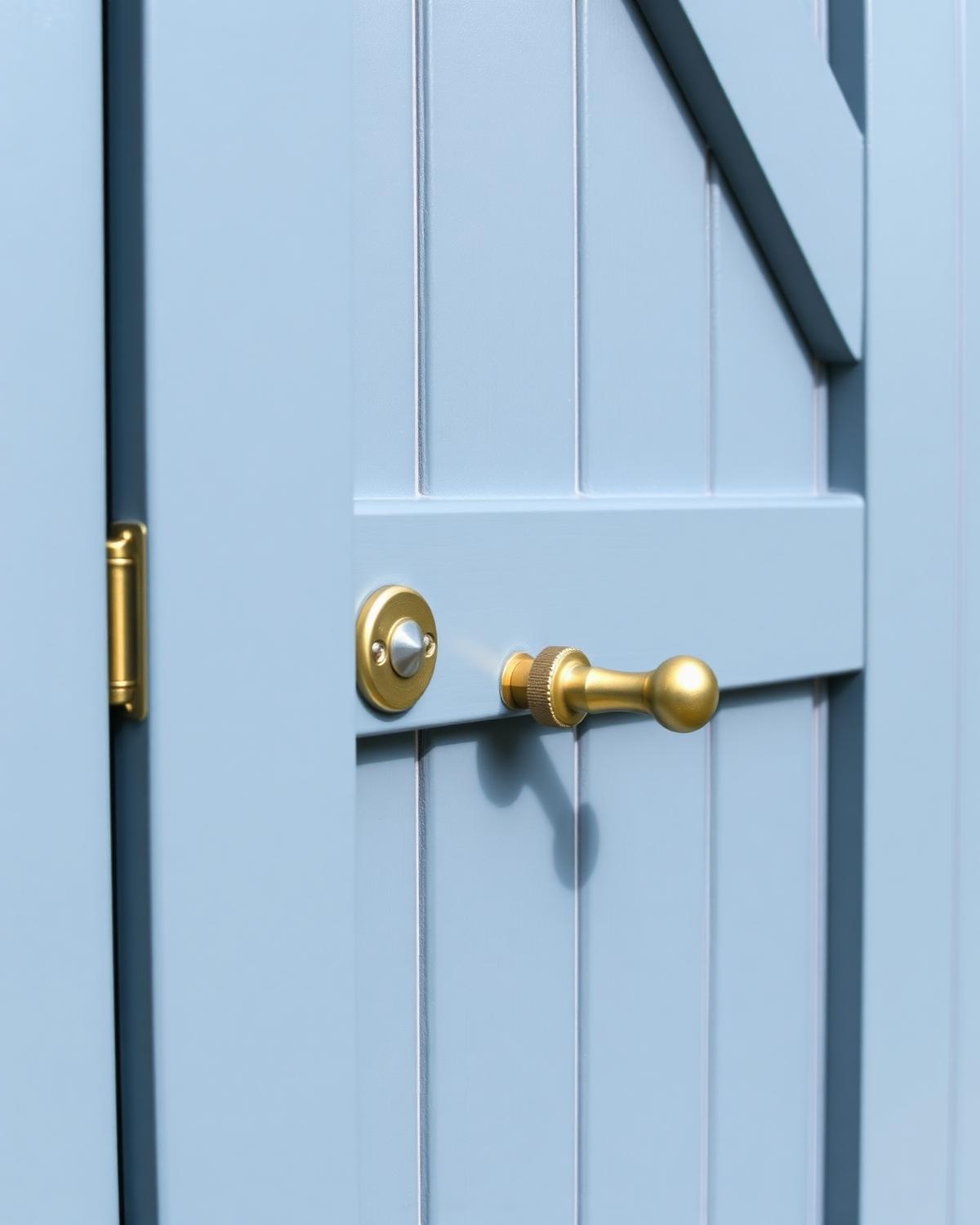 Close-up of a slate-blue ledged and braced door with brass hardware