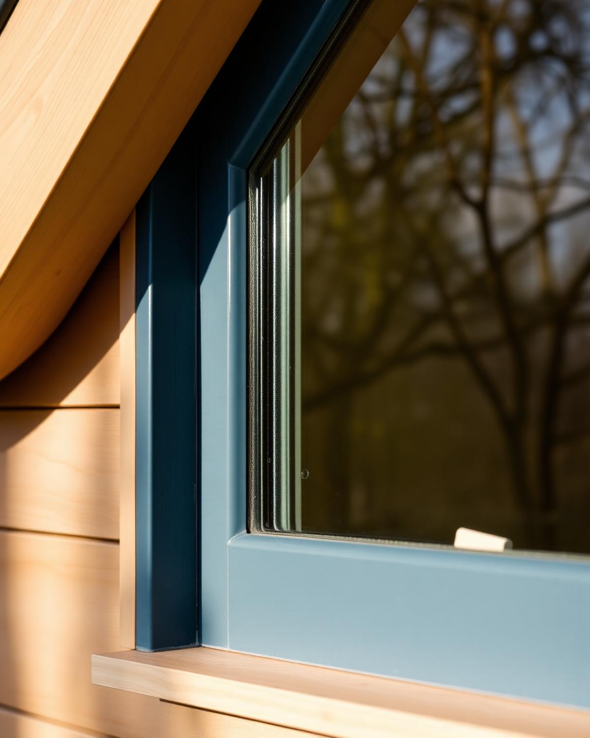 A neatly mitred toughened-glass window frame catching low afternoon light