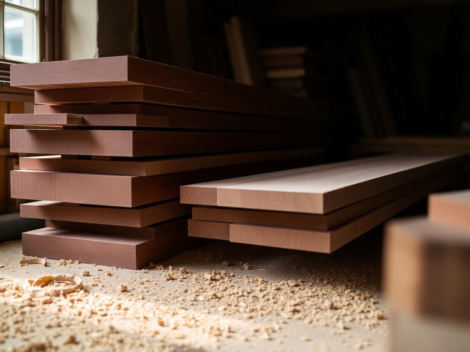 A stack of kiln-dried Swedish redwood and Canadian western red cedar in the Azure workshop